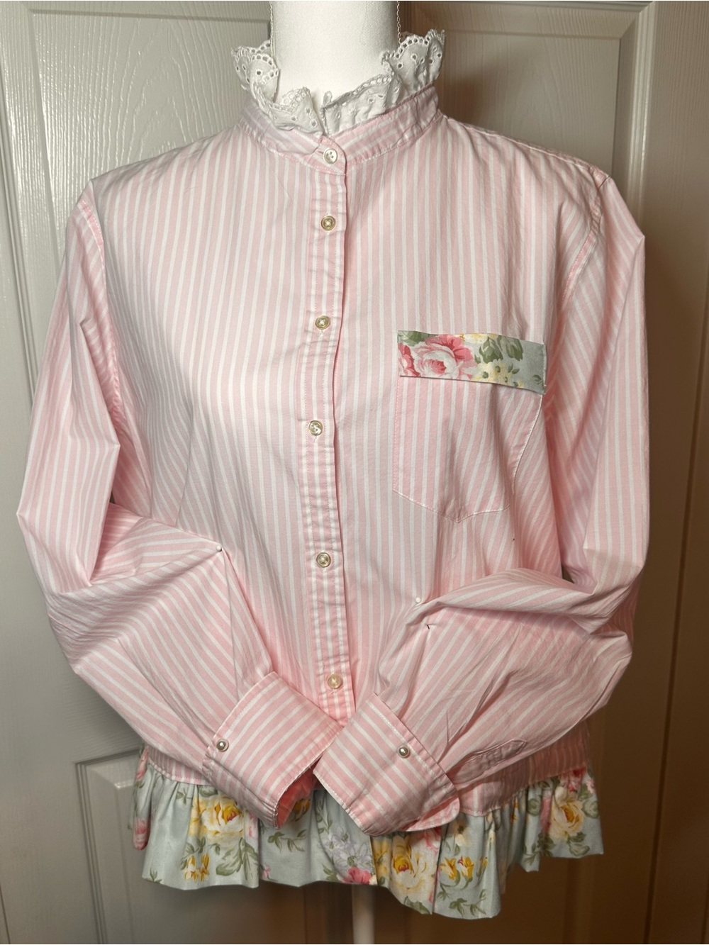 Pink Striped Ruffle Hem Button-Up Blouse - Picture 3 of 6
